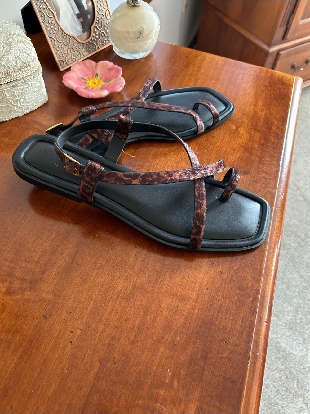 Primark Black Footbed Sandals with Brown Leopard-Print Straps